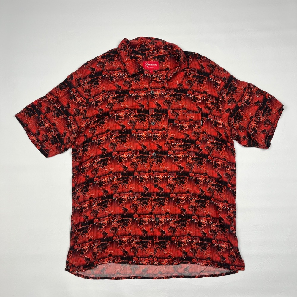 Supreme World Famous Rayon Shirt Mens Large Red Map Print Streetwear SS18